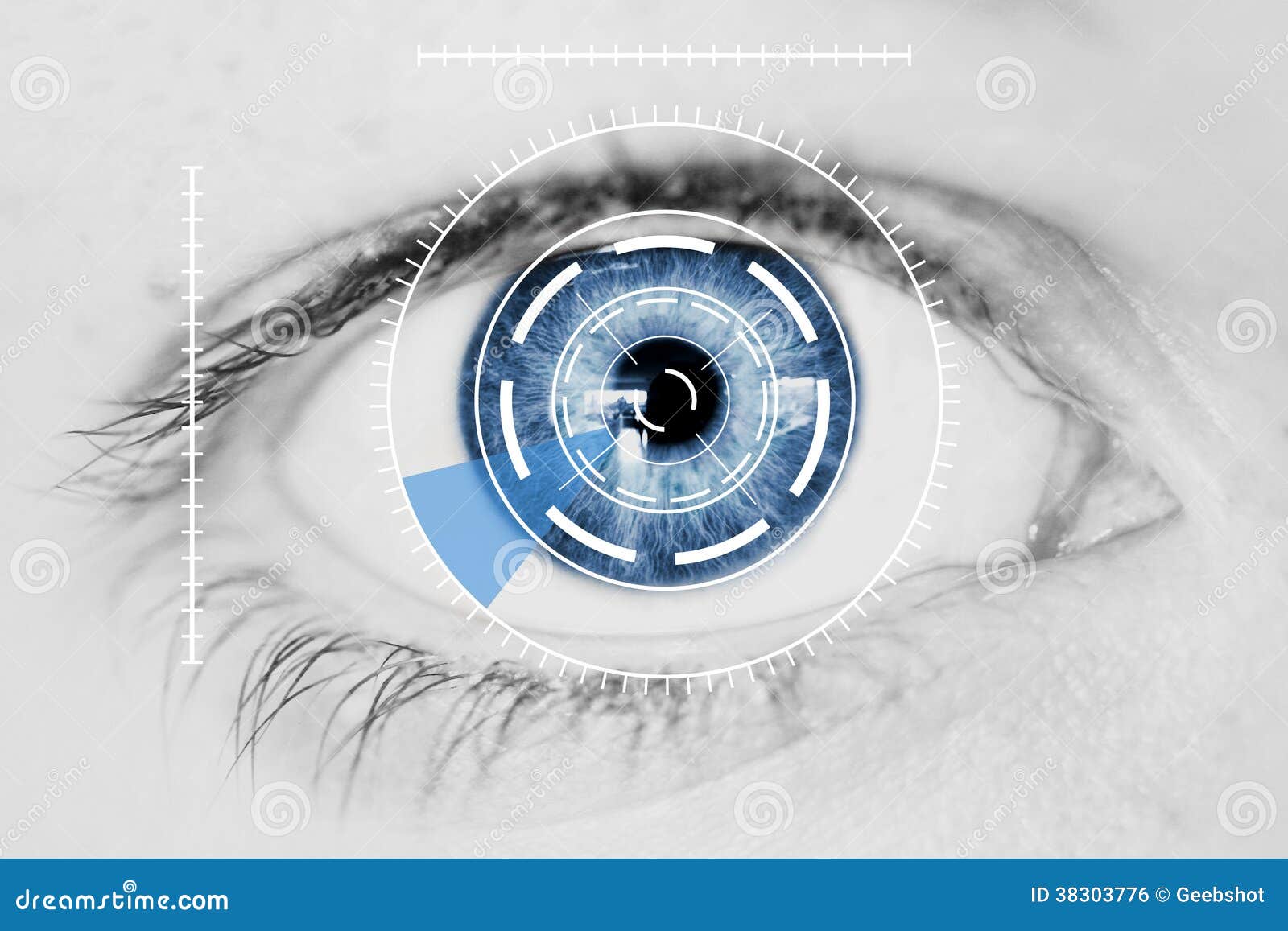 security iris scanner on blue human eye