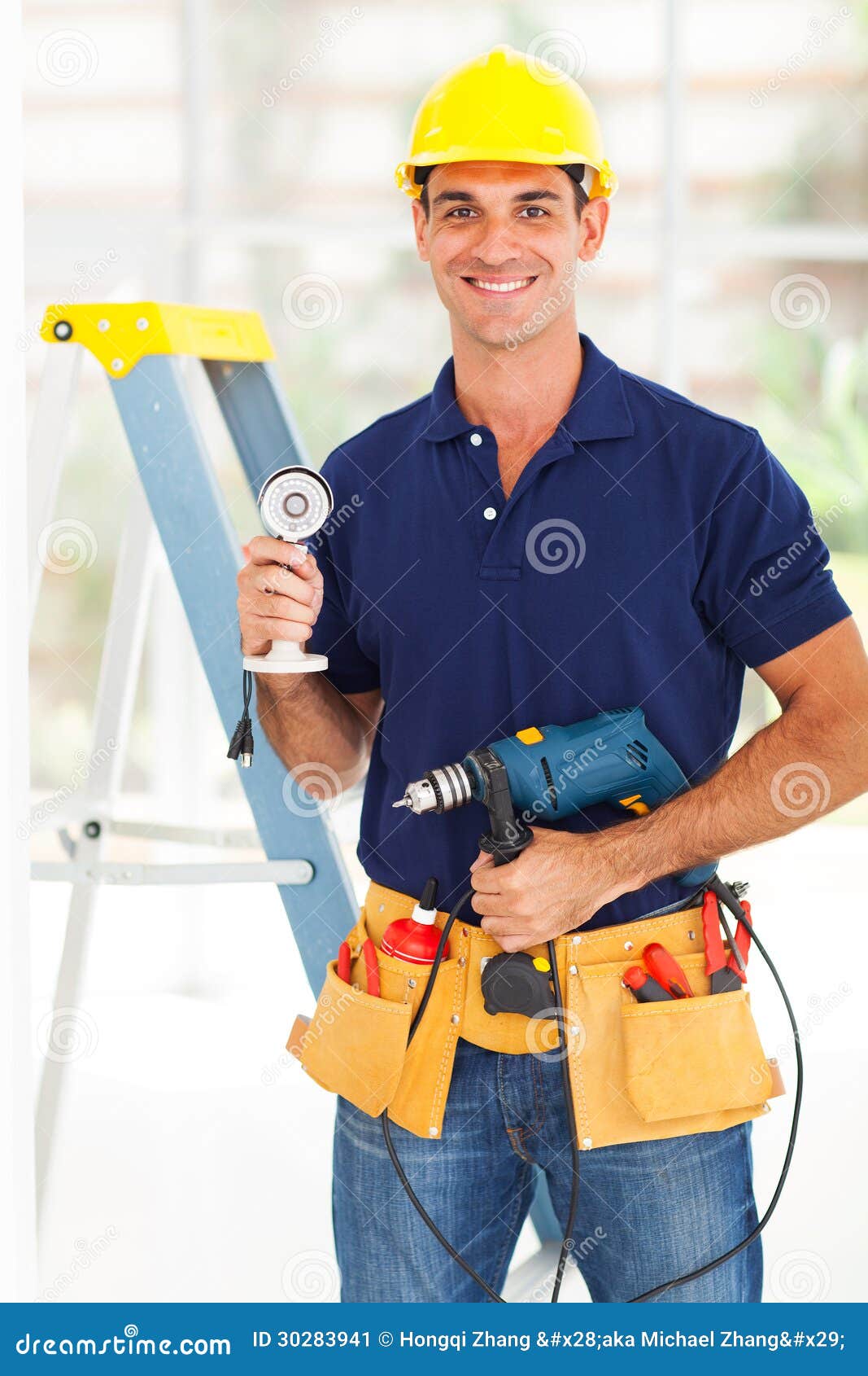 Surveillance System Installer Stock Image - Image of camera, ladder