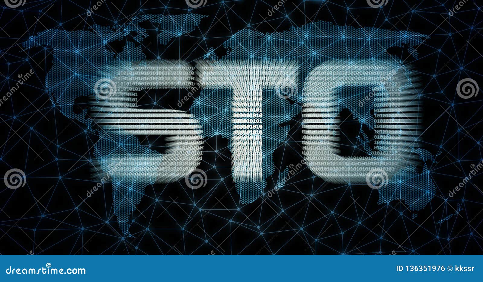 security token offering sto text written in binary format on abstract wired network and blue global world map background.