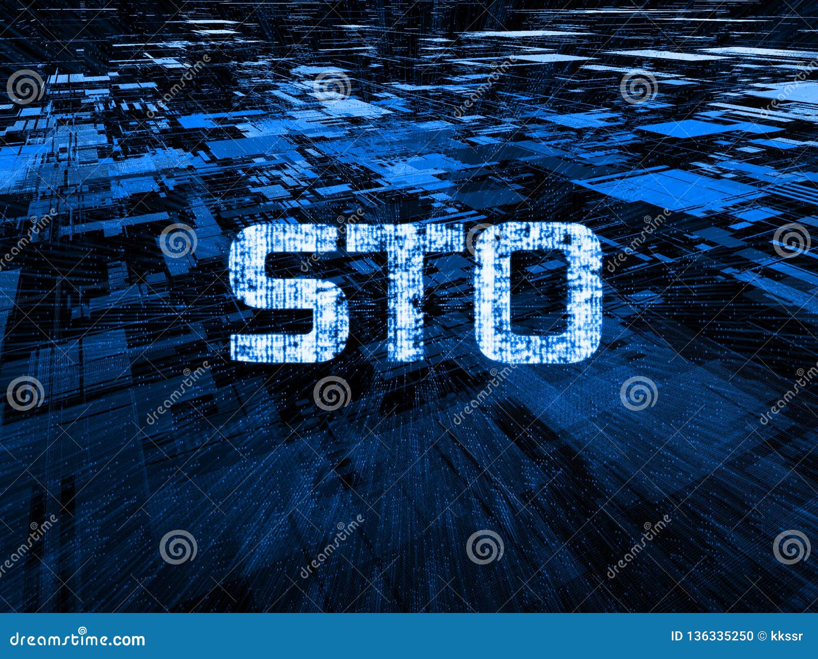 security token offering sto text written in binary format over abstract geometry rectangle and glow dots background.