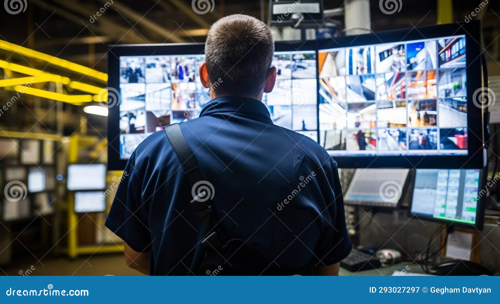 Security Worker with Security Monitors, Security Worker at he Work, Security Worker Looking on