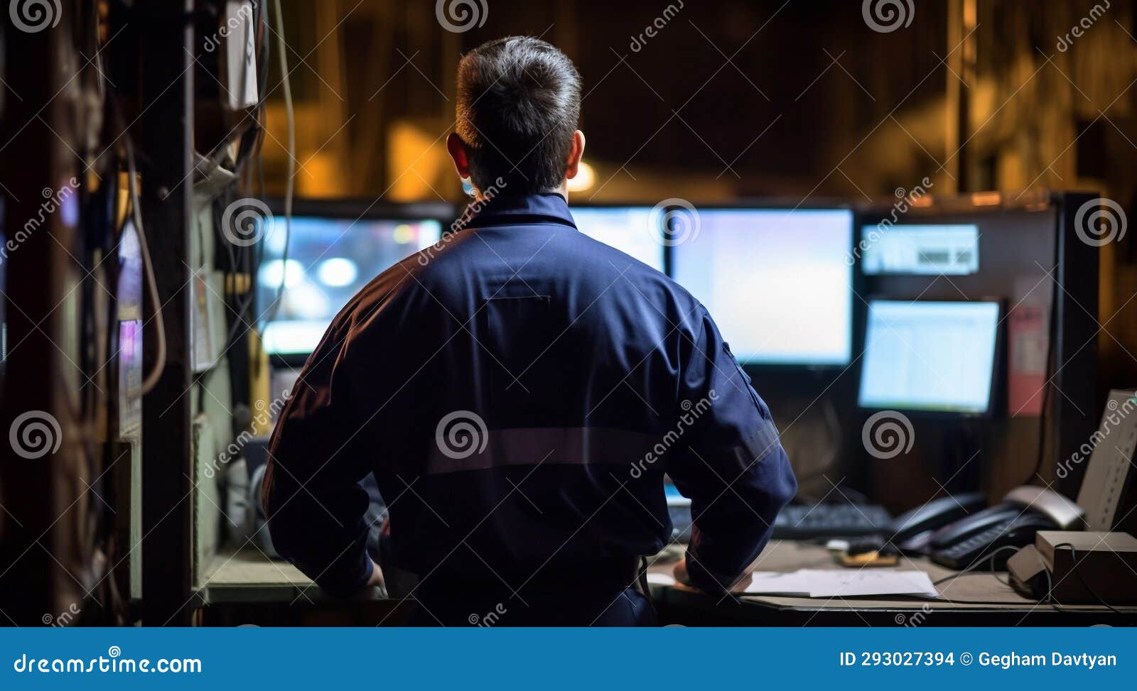 Security Worker with Security Monitors, Security Worker at he Work, Security Worker Looking on