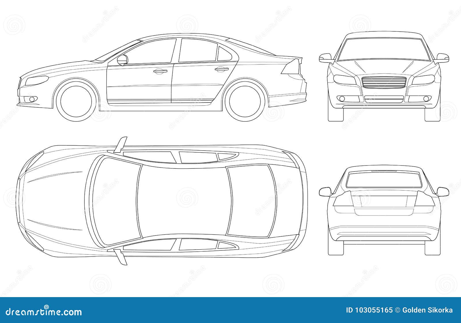 sedan car in outline. business sedan vehicle template   on white. view front, rear, side, top. all