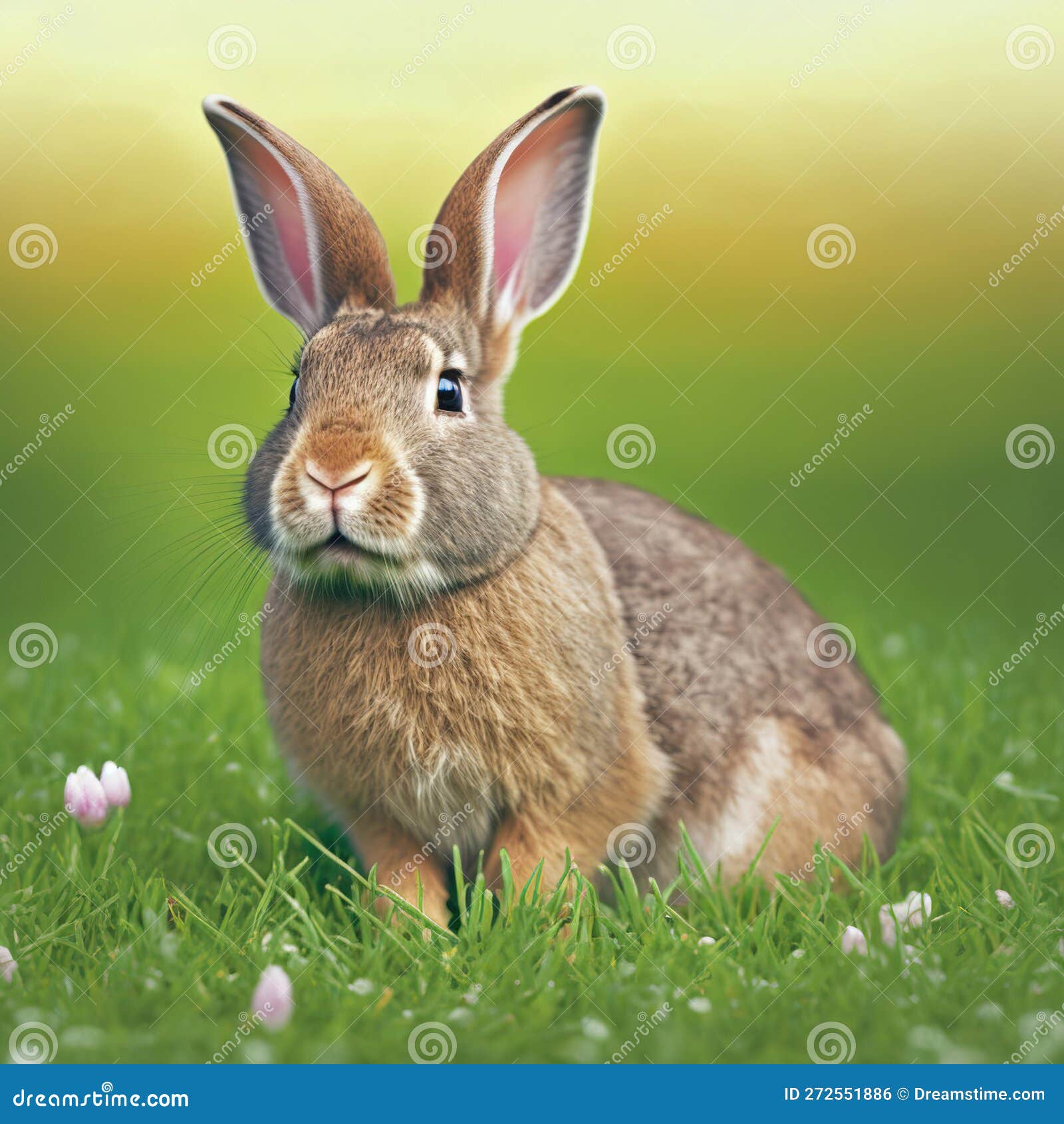 sedate easter rhinelander rabbit portrait full body sitting in green field
