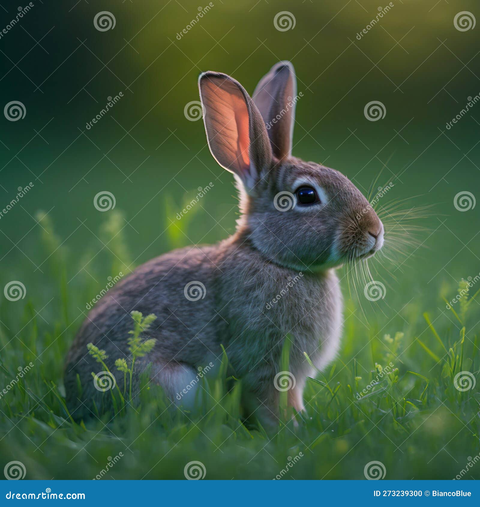 sedate easter rhinelander rabbit portrait full body sitting in green field