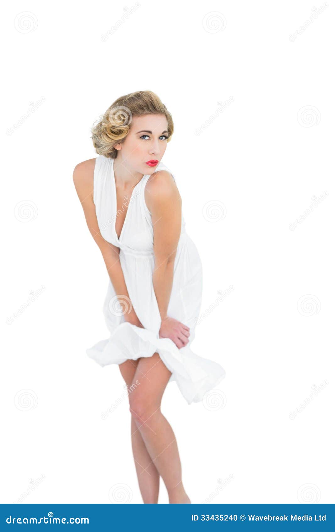 Seductive Fashion Blonde Model Posing Holding Her Dress Stock Photo ...