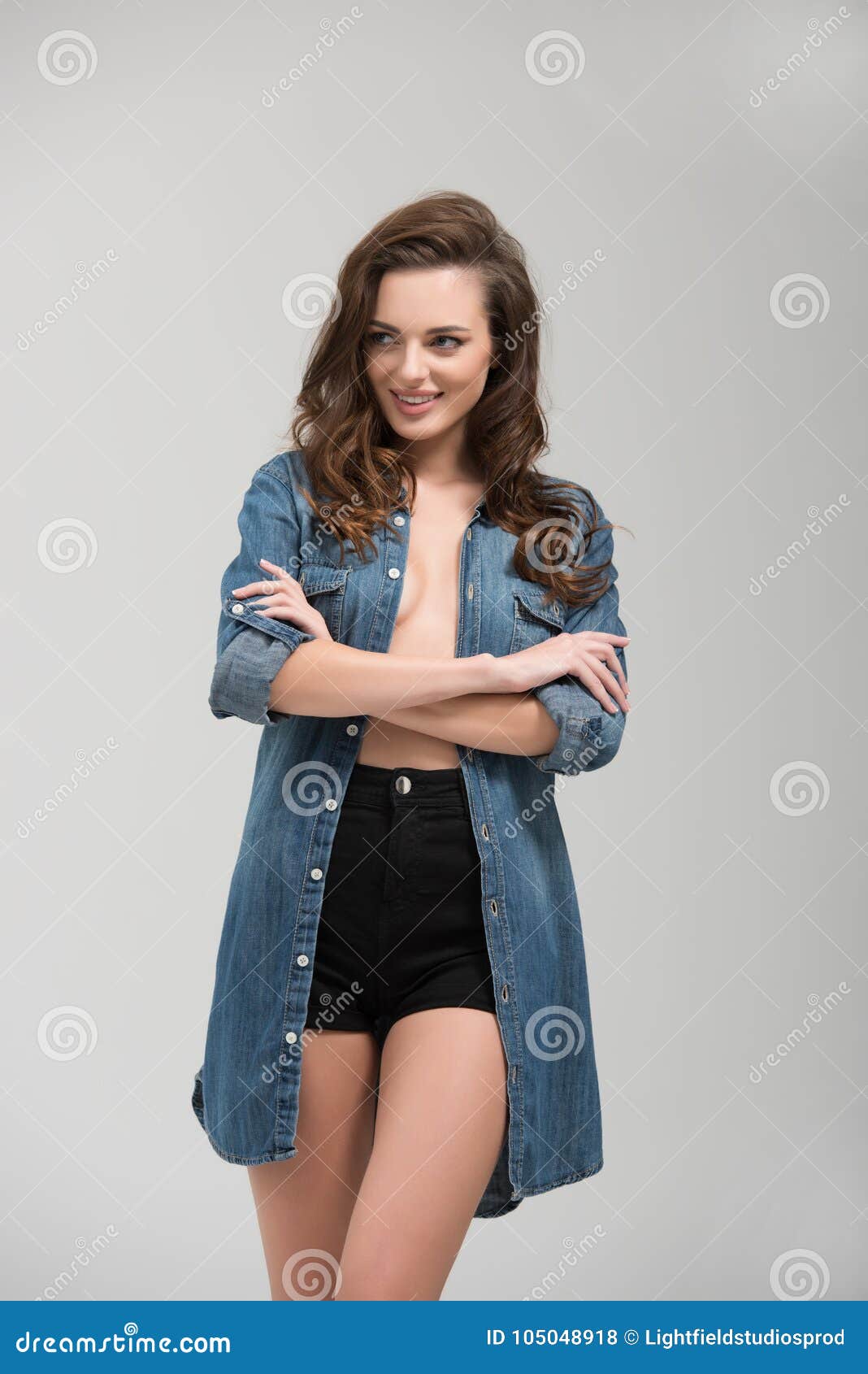 Seductive Girl in Denim Shirt Stock Photo - Image of smiling, pretty ...