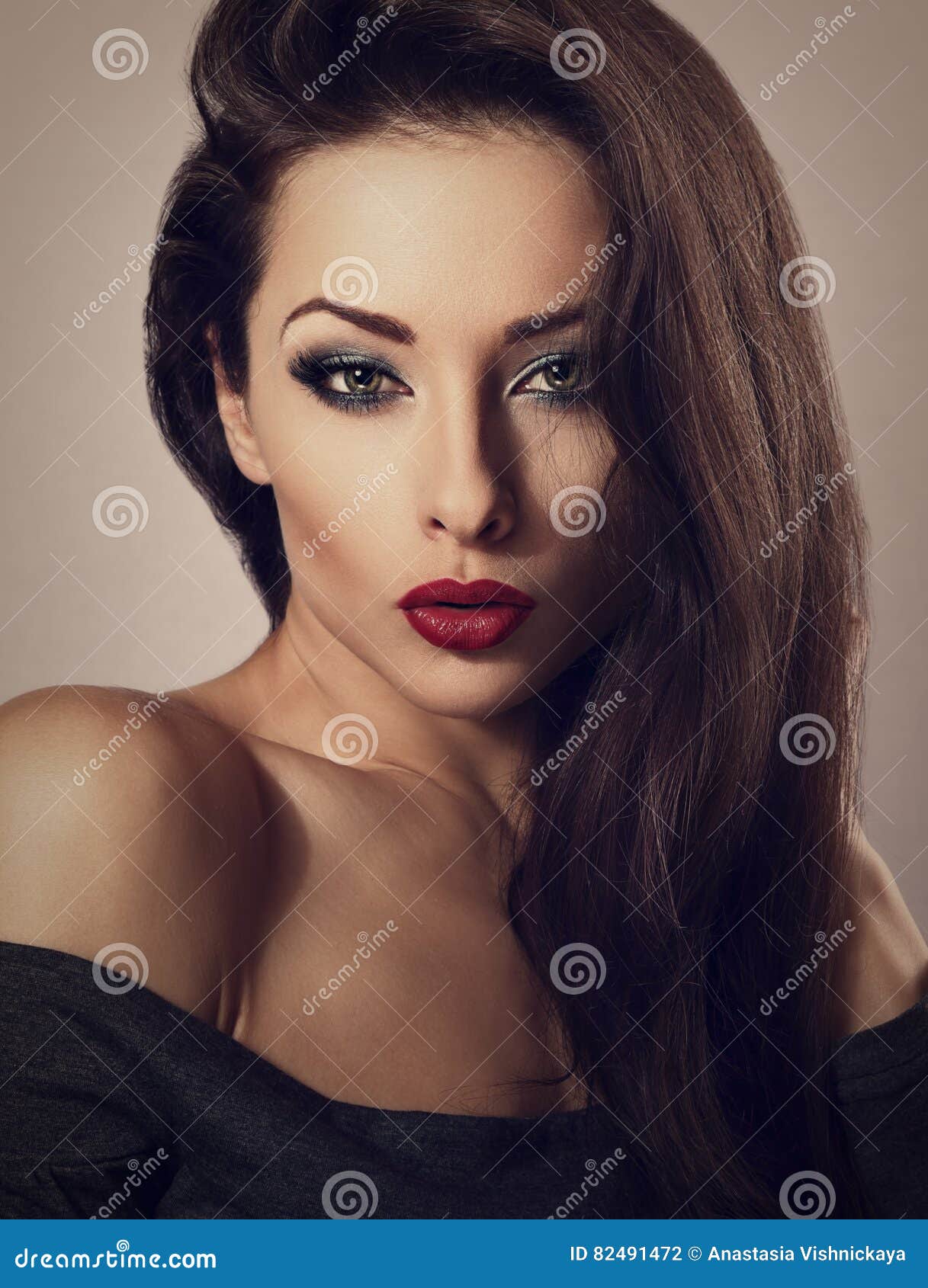 Seductive Make Up Woman with Red Lipstick and Long Eyelashe Stock Photo ...