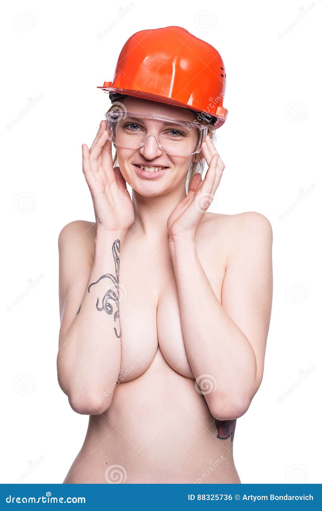 Nude female construction workers