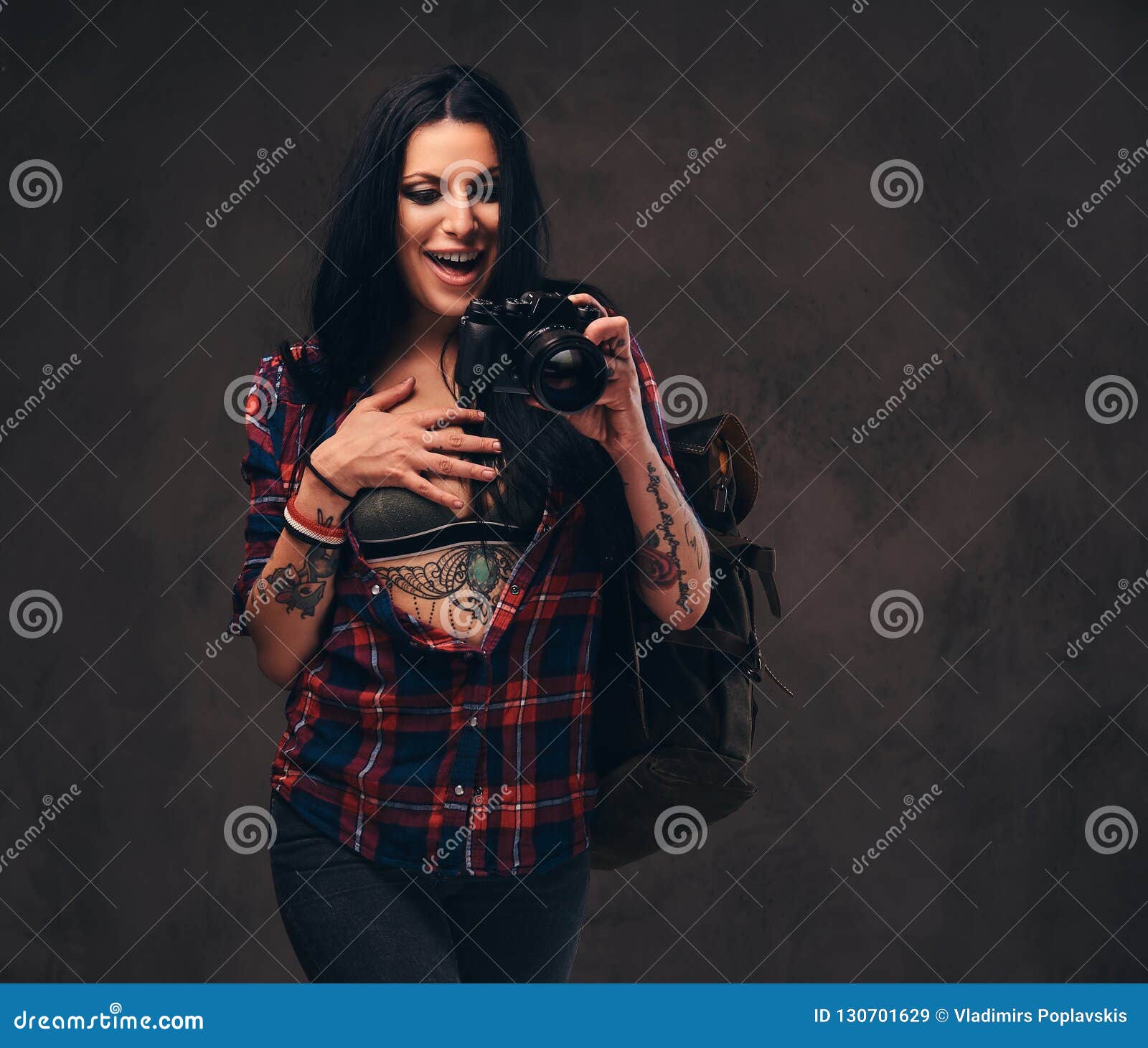 Seductive Tattooed Hipster Girl Wearing A Red Unbuttoned Checked Shirt Posing A Camera Stock