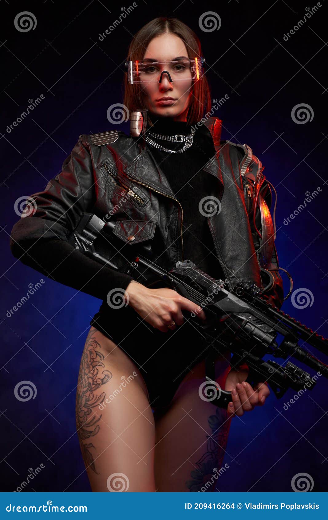 Seductive Woman With Naked And Tattooed Legs Holding Futuristic Rifle