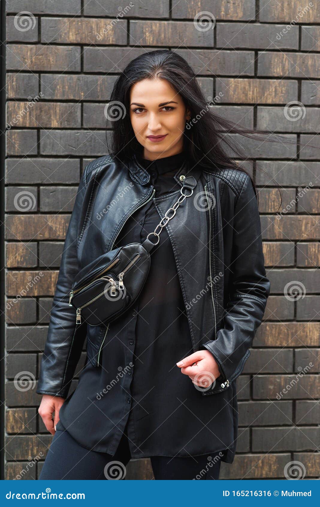 Seductive Young Woman Wears Black Leather Jacket Outdoors. Female ...