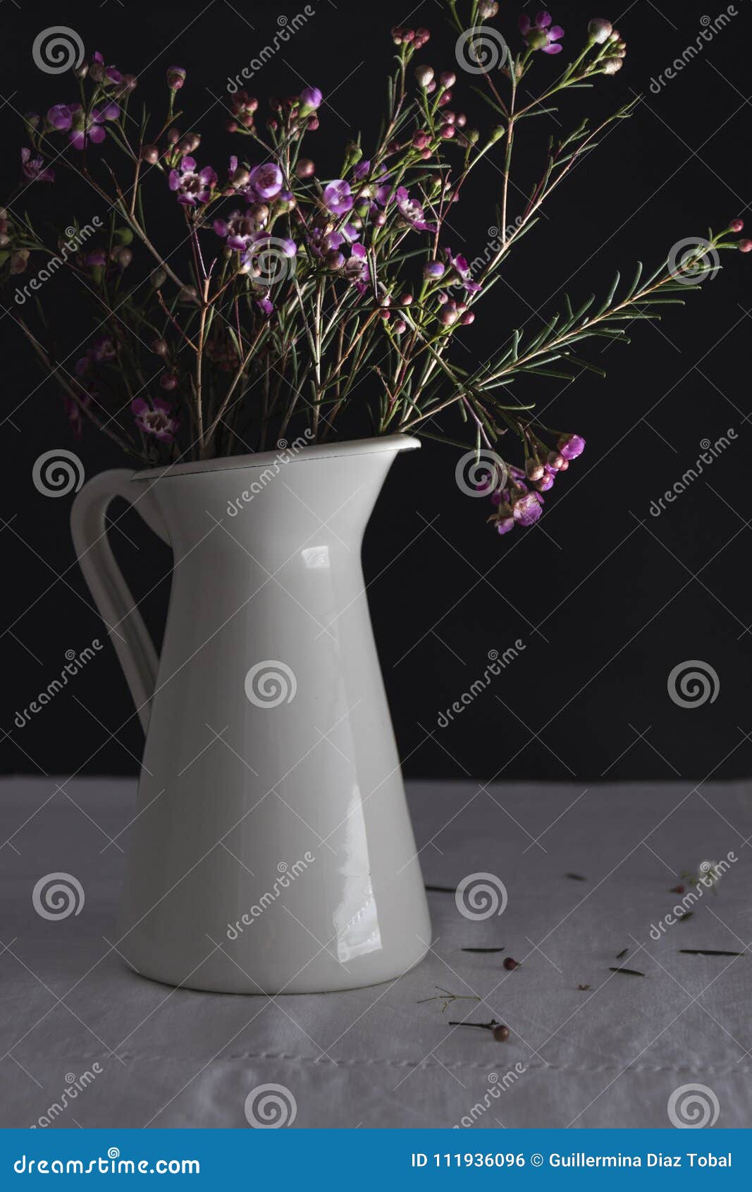 white vase with flowers and black background.