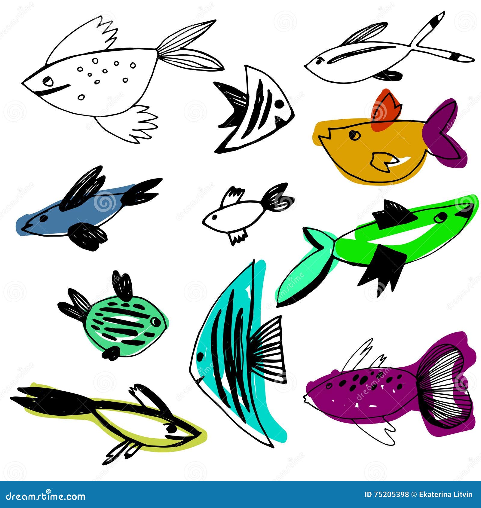 Seefarbhand Gezeichnete Fische Vektor Abbildung - Illustration von