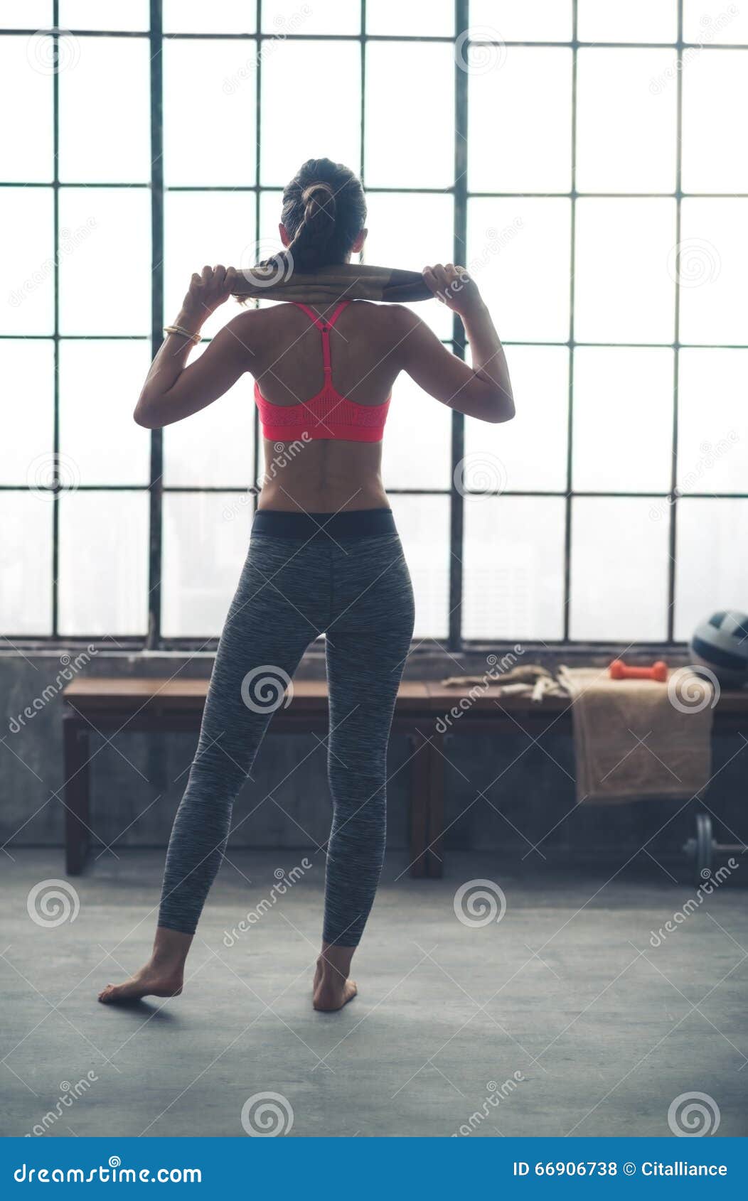 Seen From Behind Fitness Woman With Towel In Loft Gym Stock Photo Image Of Copy Wellbeing