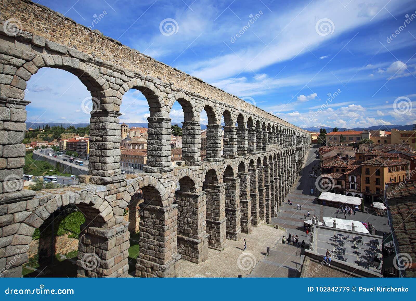 segovia, spain. plaza del azoguejo and the ancient roman aqueduct