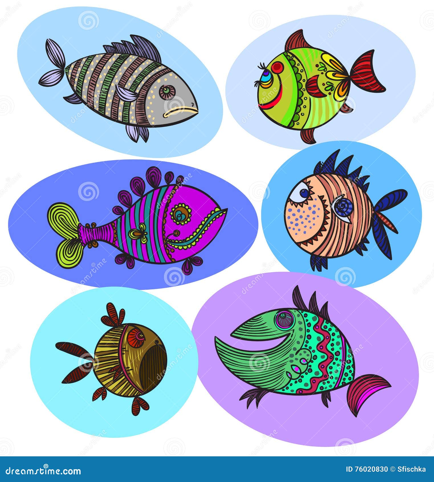 Sei disegni colorati scarabocchio del pesce