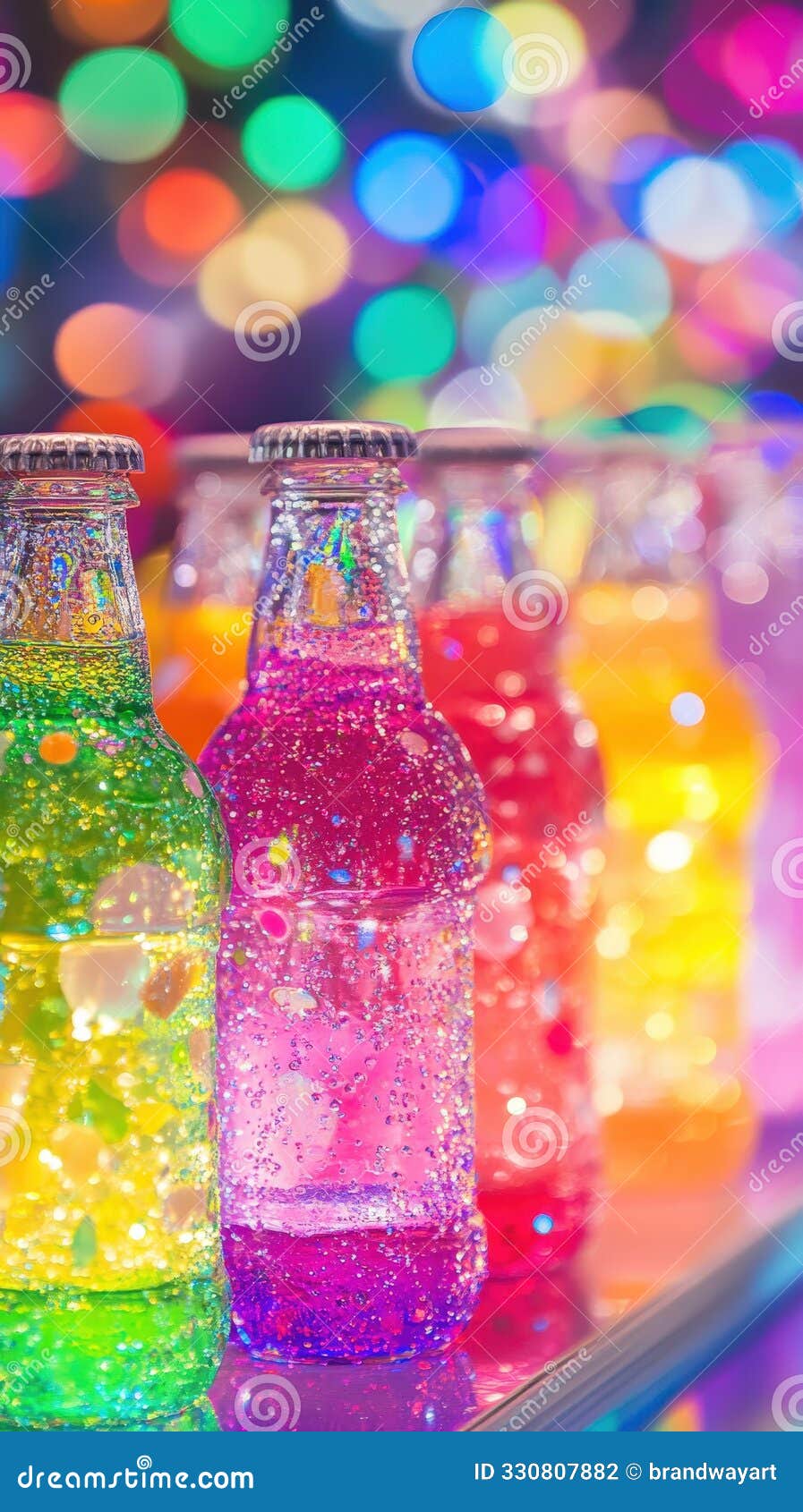 colorful soft drink bottles displayed with vibrant bokeh lighting