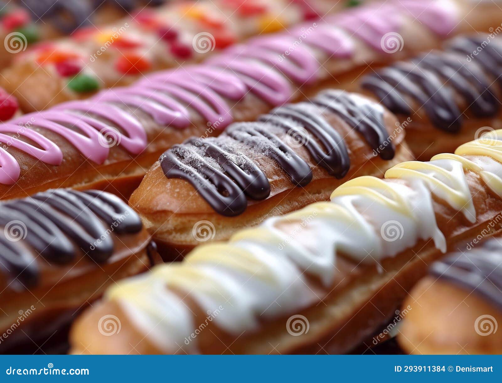 Selection of Eclairs with Cream and Various Candy Toppings.Macro.AI