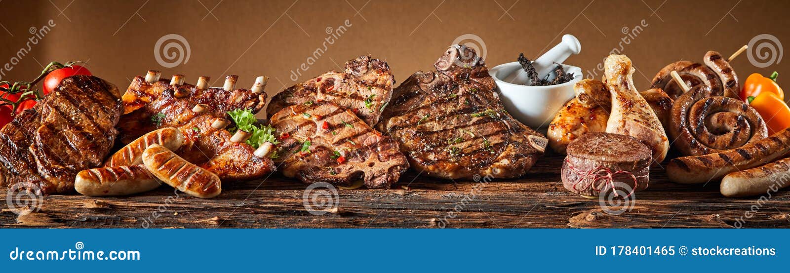 Selection of Grilled Gourmet Meats on Timber Stock Image Image of