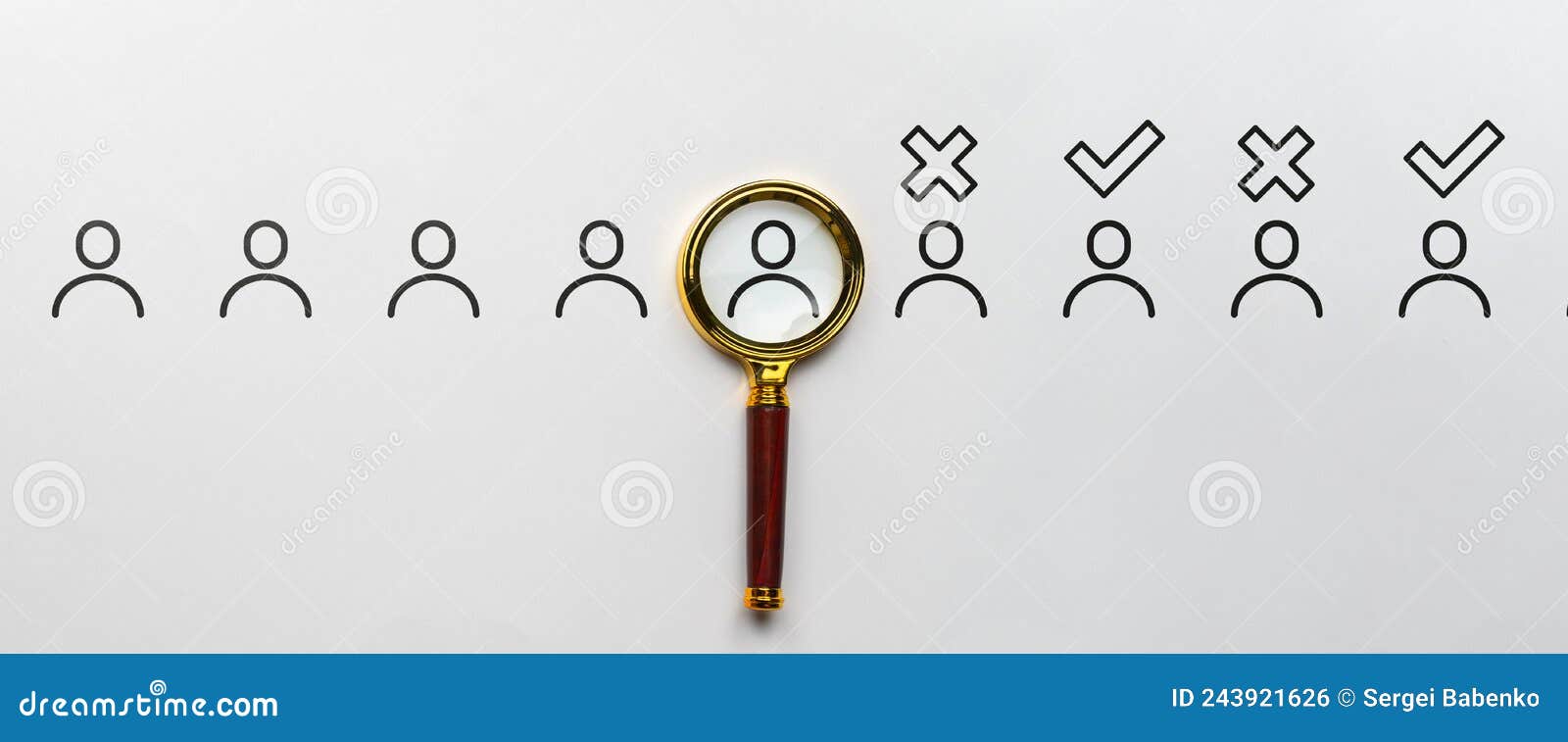 selection of job candidates. magnifying glass with abstract personas. acceptance and rejection.