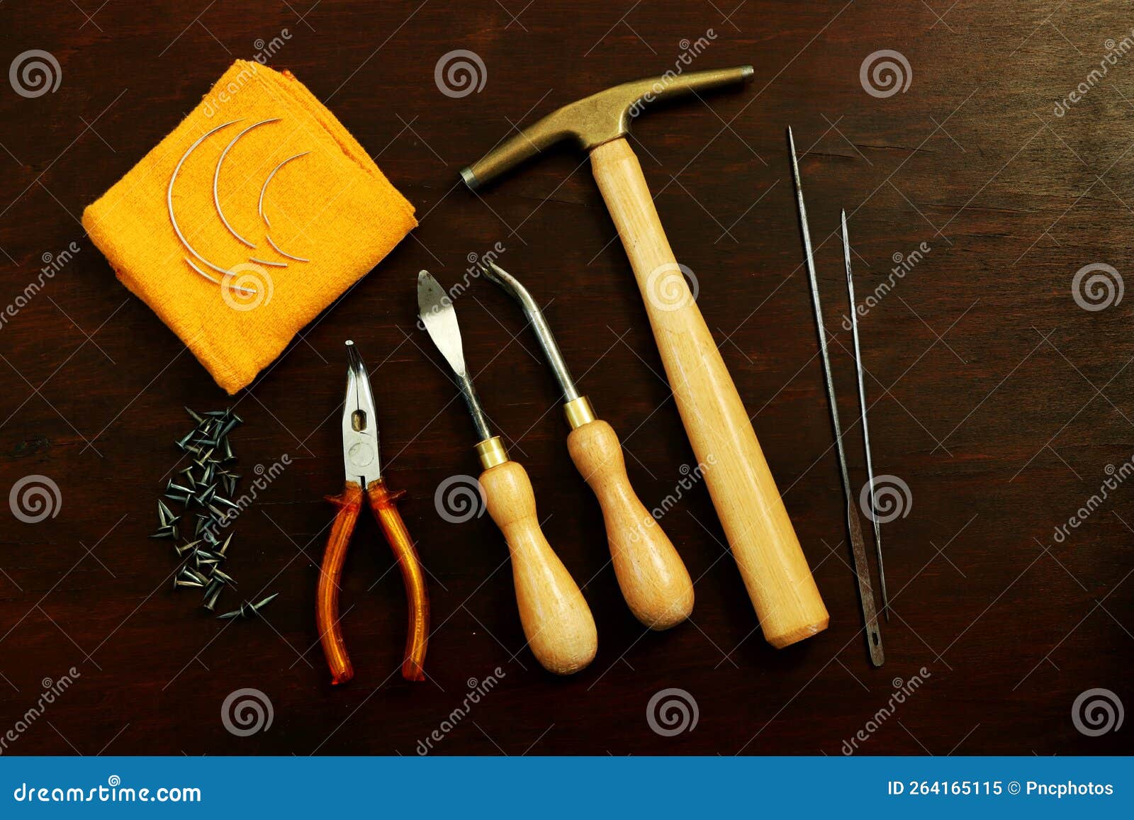 A Selection of Upholstery Tools. Stock Image - Image of wood, background:  264165115