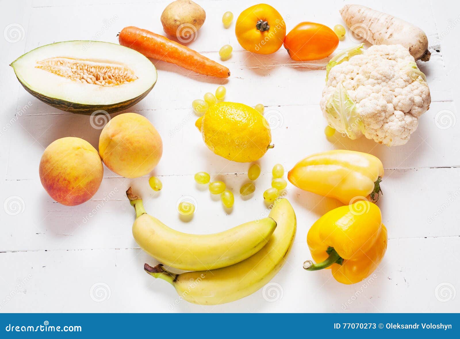Selection Of Various Fresh Yellow Raw Organic Produce Fruits And ...