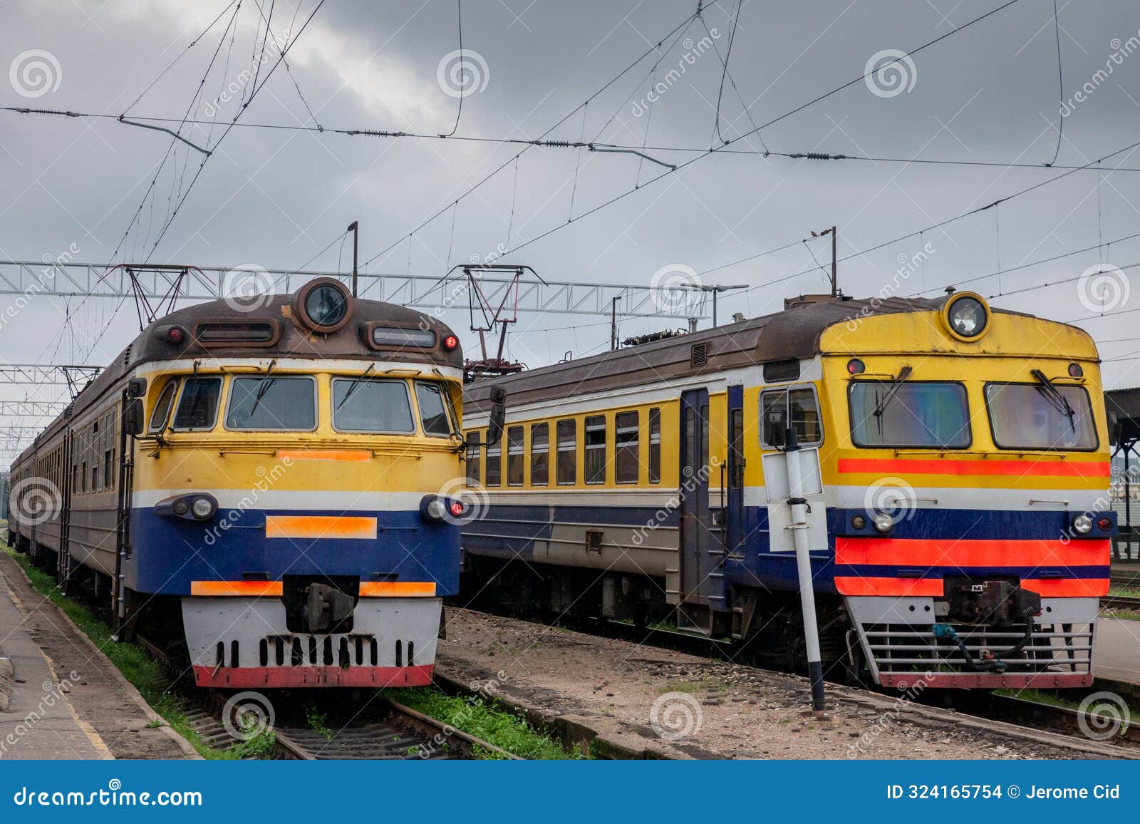 selective blur on a regional and suburban trains, two emu electric train of latvian railways, russian , ready for departure