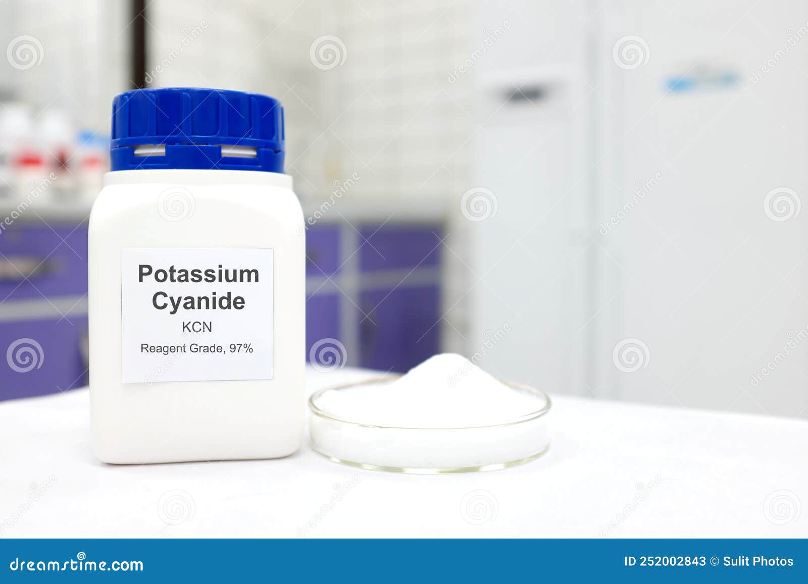 Selective Focus of a Bottle of Potassium Cyanide Pure Chemical Compound.  White Laboratory Background Stock Image - Image of label, laboratory:  252002843