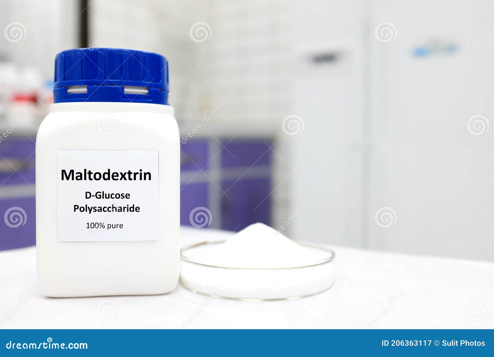 selective focus of a bottle of pure maltodextrin with powder in petri dish. white laboratory background with copy space.