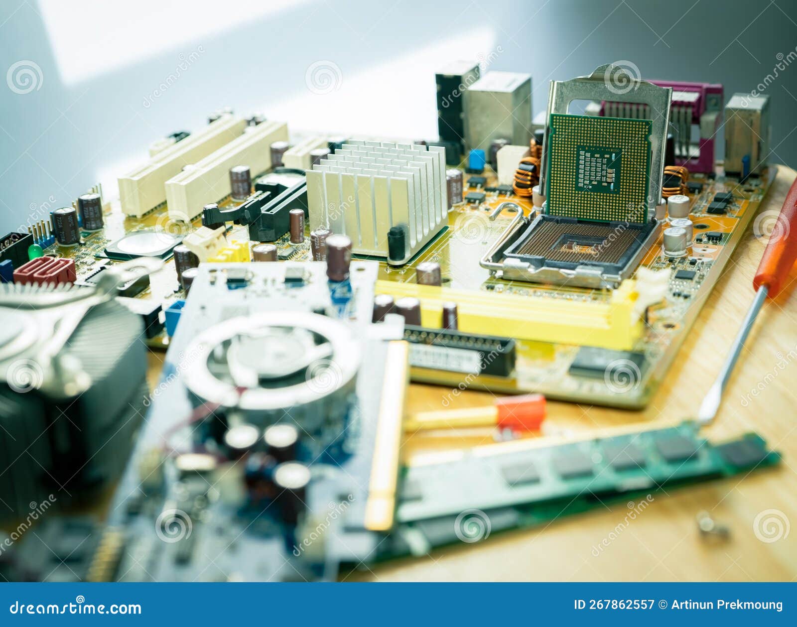 Selective Focus Computer Chip on Socket. Chipset on Electronic Circuit Board of PC Motherboard