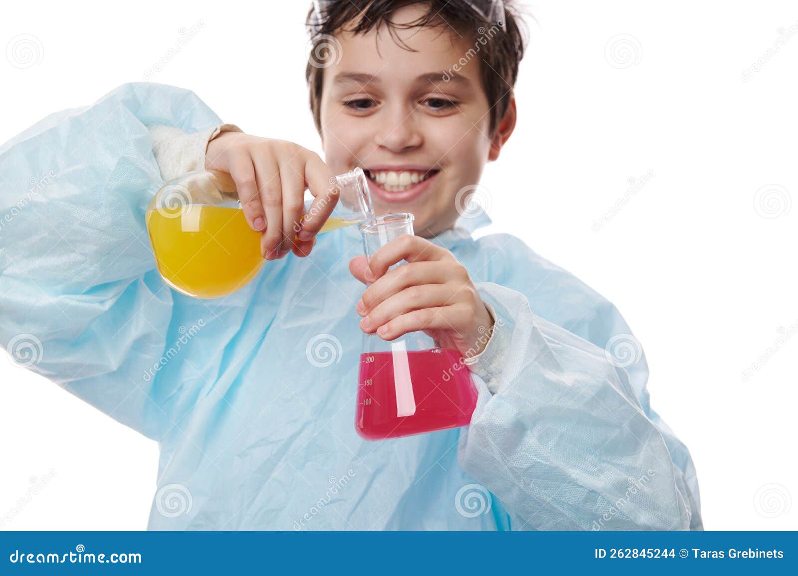 Selective Focus on Laboratory Glass Flasks in the Hands of a Cute