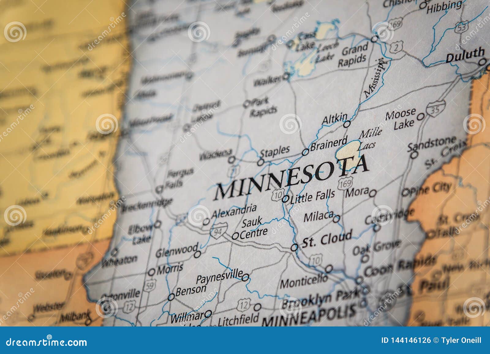selective focus of minnesota state on a geographical and political state map of the usa