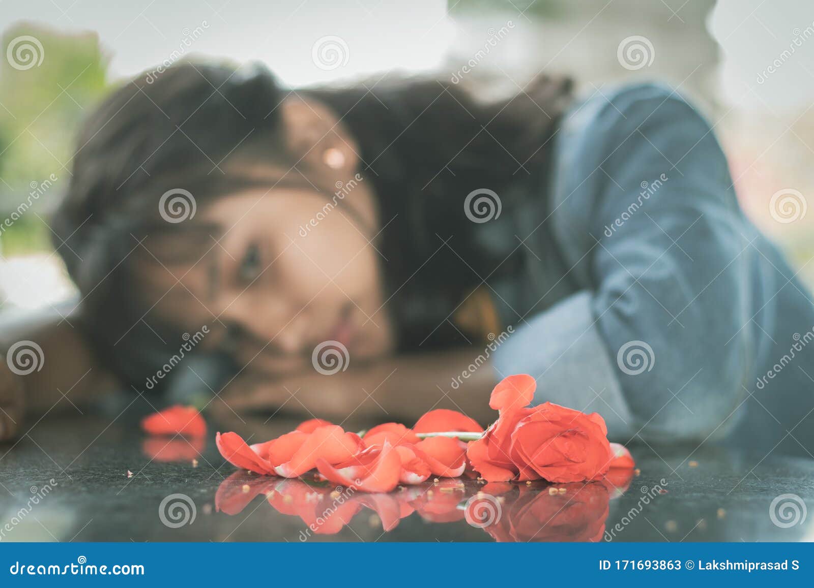 Selective Focus on Red Rose Lonely Young Teenager - Concept of ...