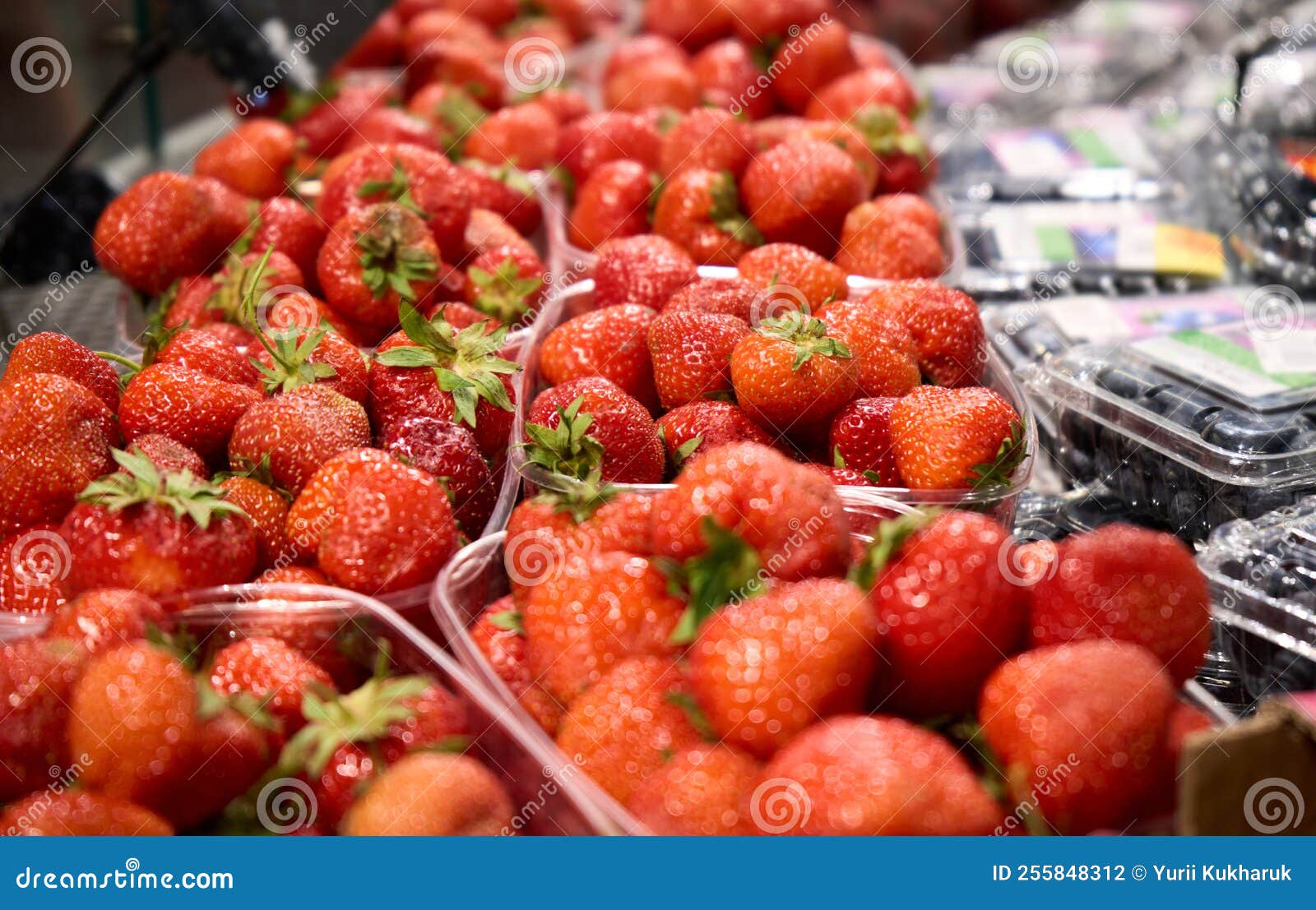 Selective Focus. Top View of Strawberry in the Baskets, Ready for Sell