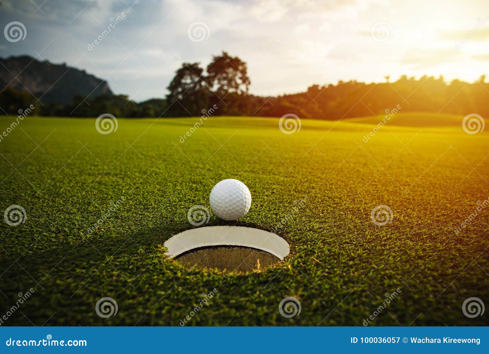 selective focus. white golf ball near hole on green grass good f