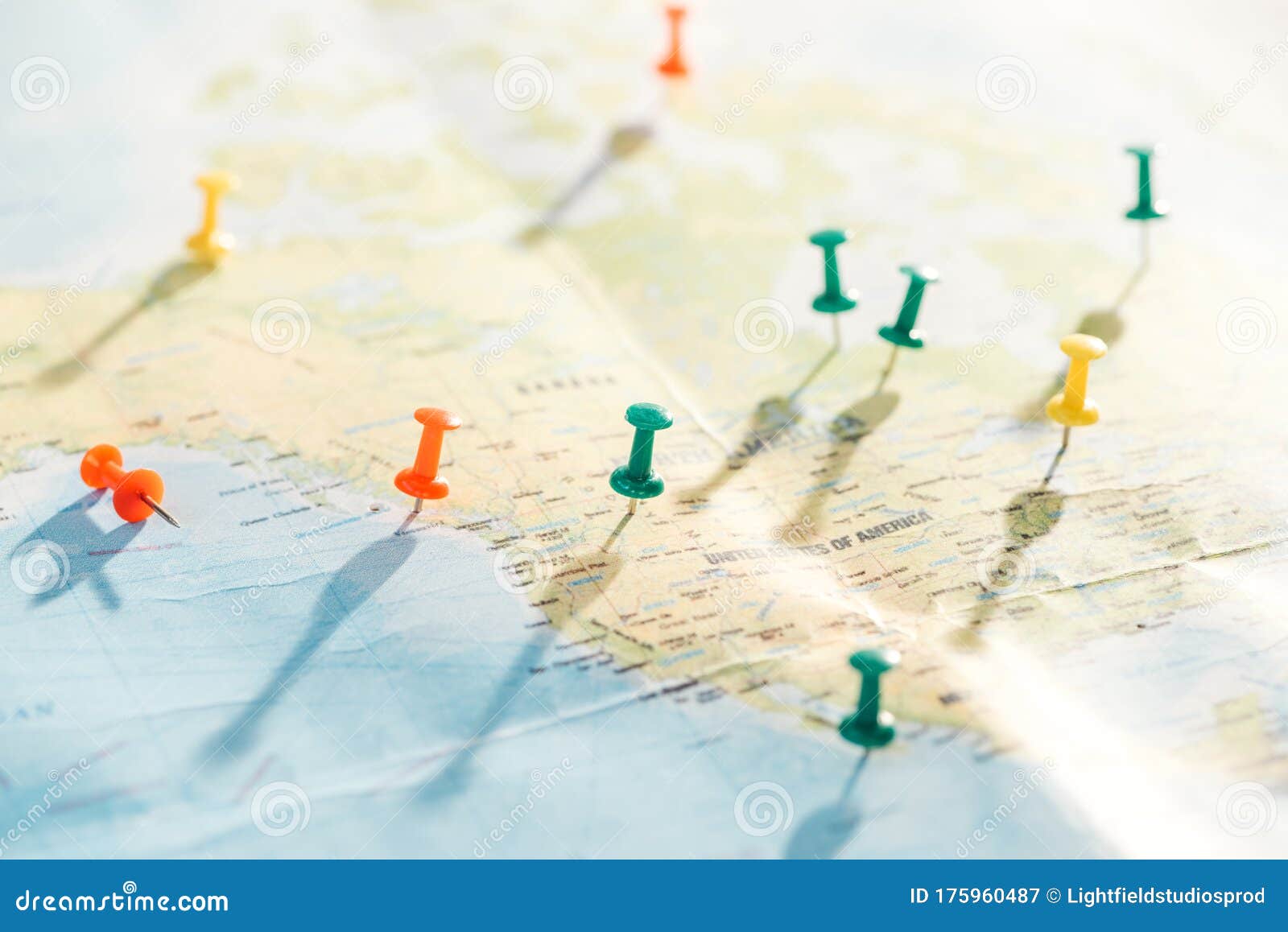 Push Pins On A Road Map Stock Photo - Download Image Now - Road