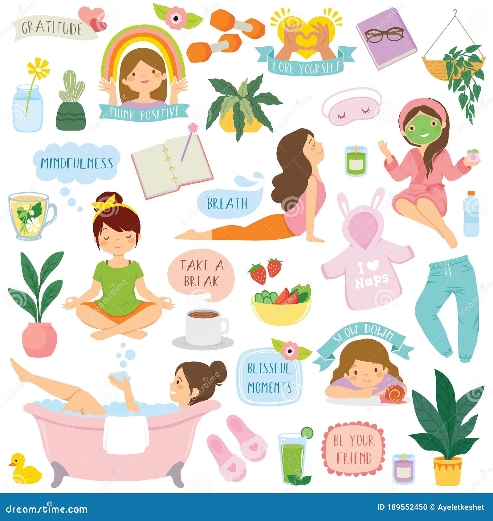 self care and well-being clipart set