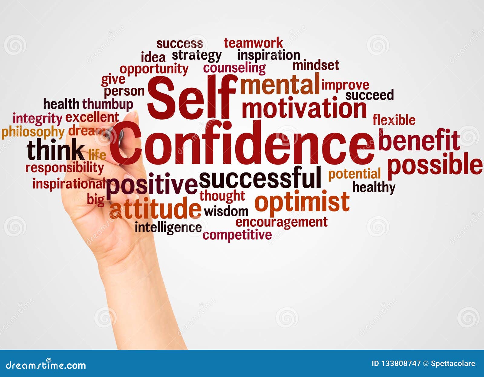 self confidence word cloud and hand with marker concept