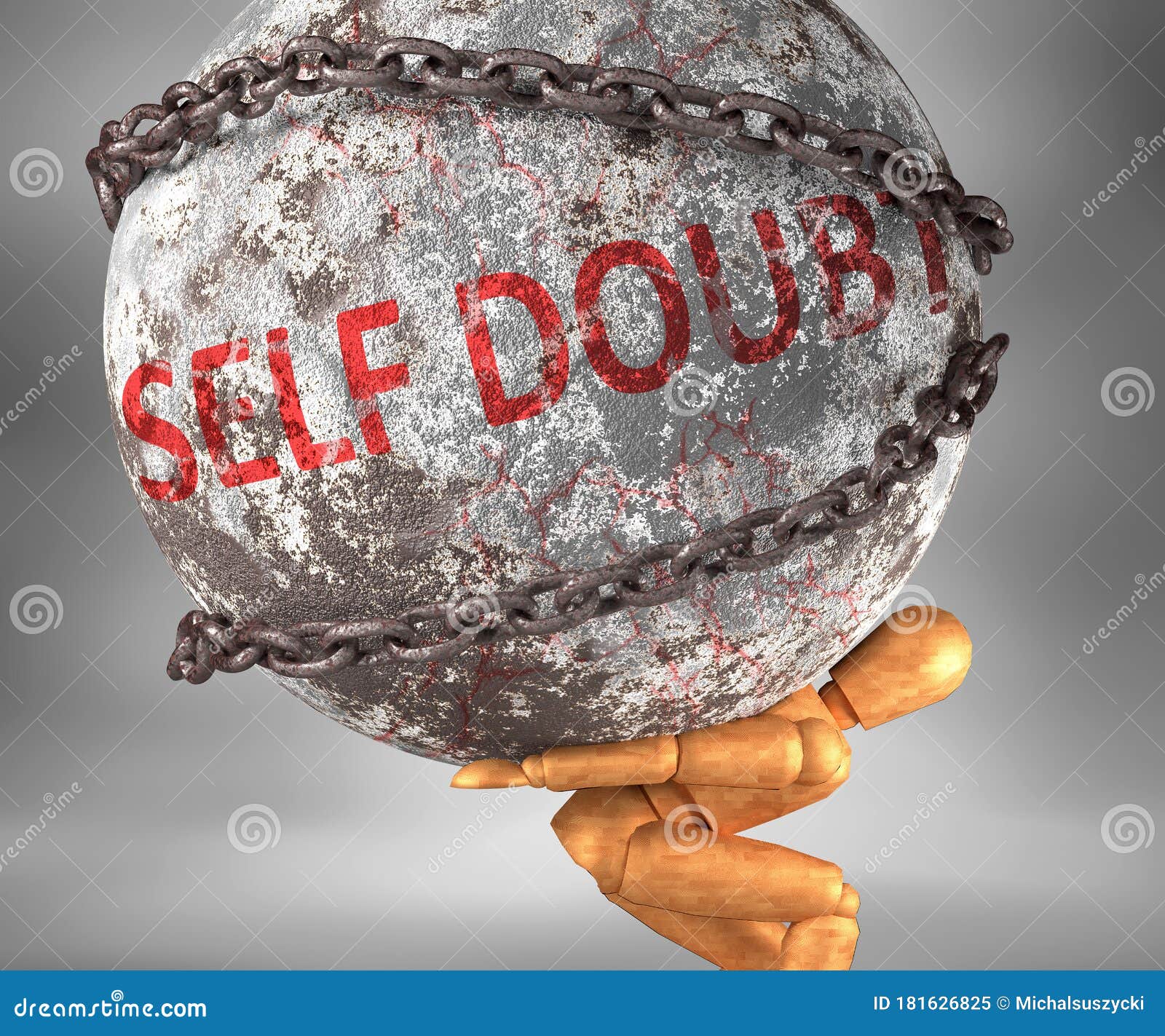 self doubt and hardship in life - pictured by word self doubt as a heavy weight on shoulders to ize self doubt as a burden,