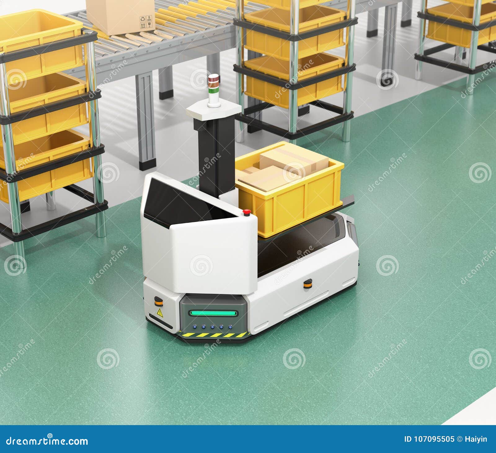 Self Driving Agv With Forklift Carrying Container Box Beside Conveyor Stock Illustration Illustration Of Indicator Concept 107095505