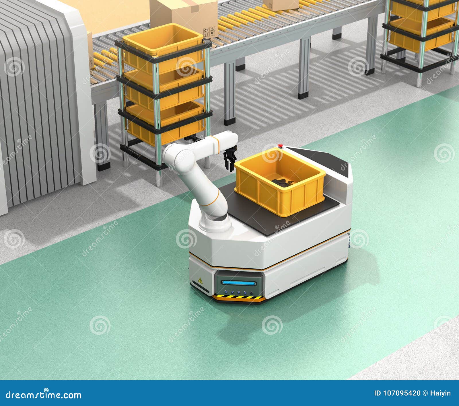 self driving agv with robotic arm moving beside conveyor