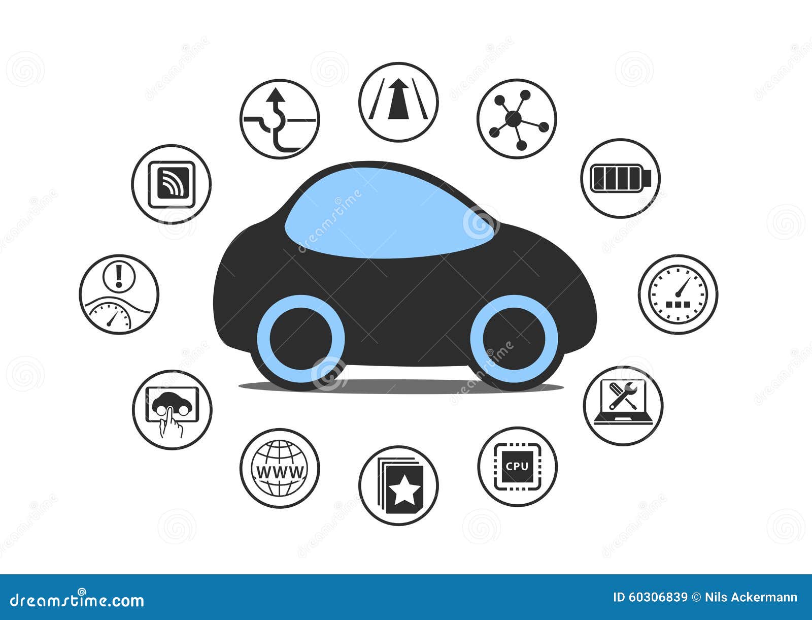 self driving car and autonomous vehicle concept. icon of driverless car with sensors like lane assistance, head up display.