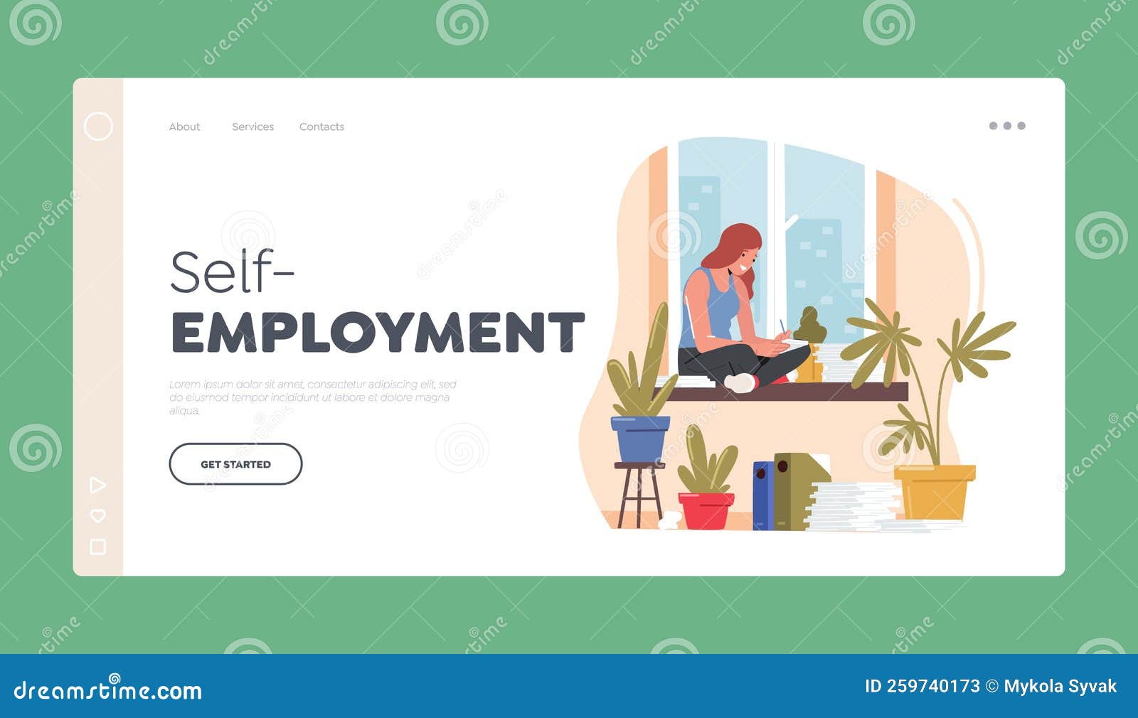 self-employment landing page template. homeworking place, house office. freelancer character sitting on windowsill