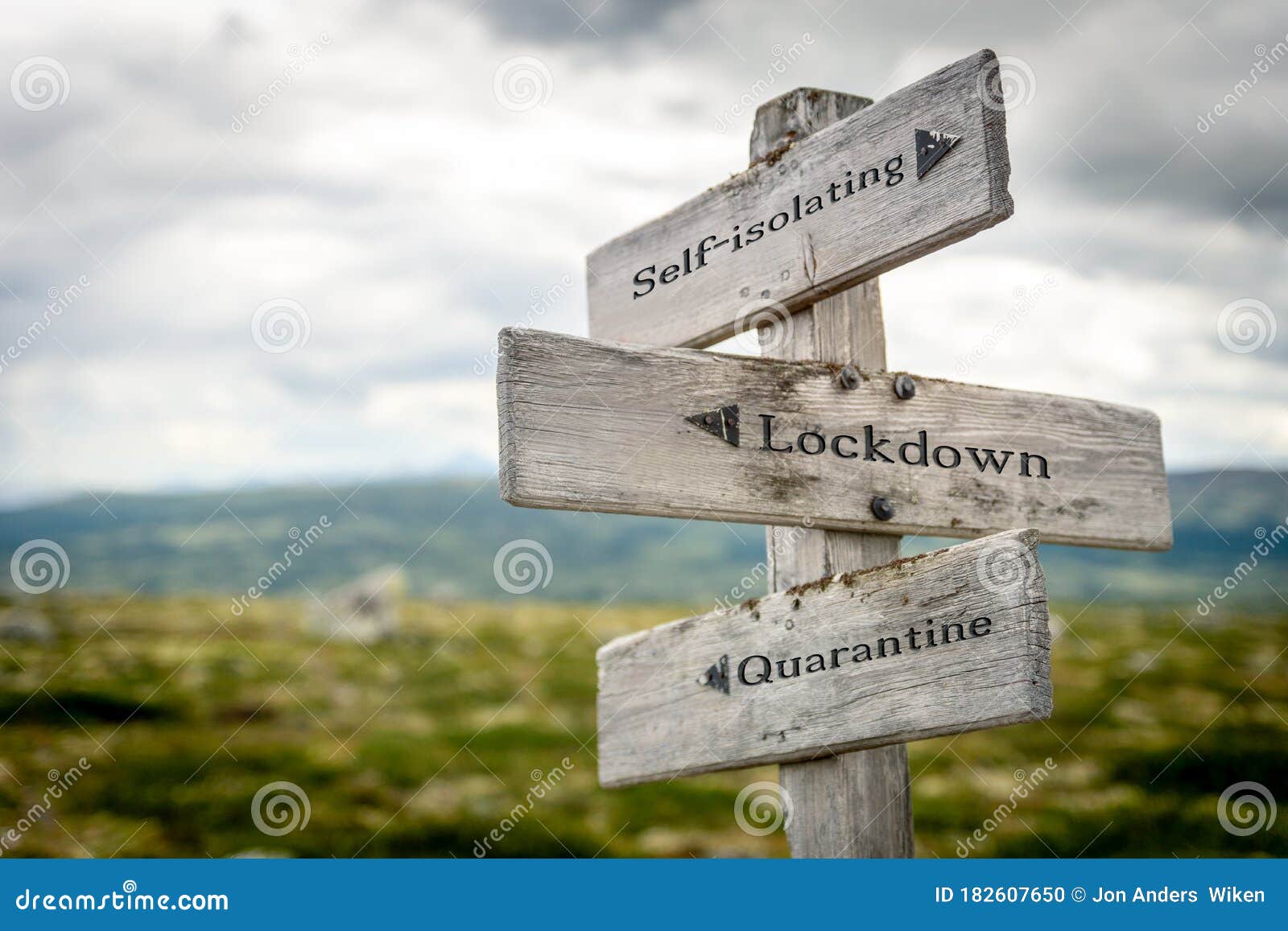 self-isolation lockdown quarantine text engraved on old wooden signpost outdoors in nature