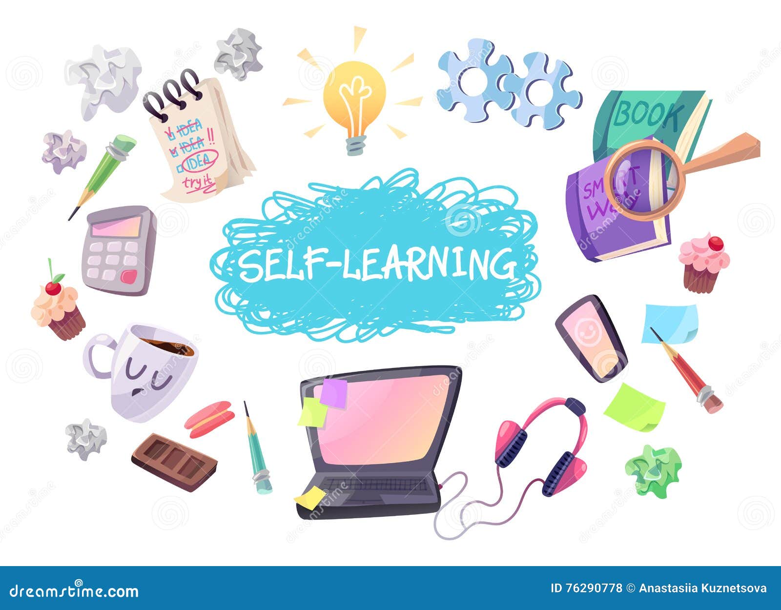 self learning concept illustration laptop phone headphones coffee notebok magnifier books bulb gears etc isolated cartoon objects 76290778