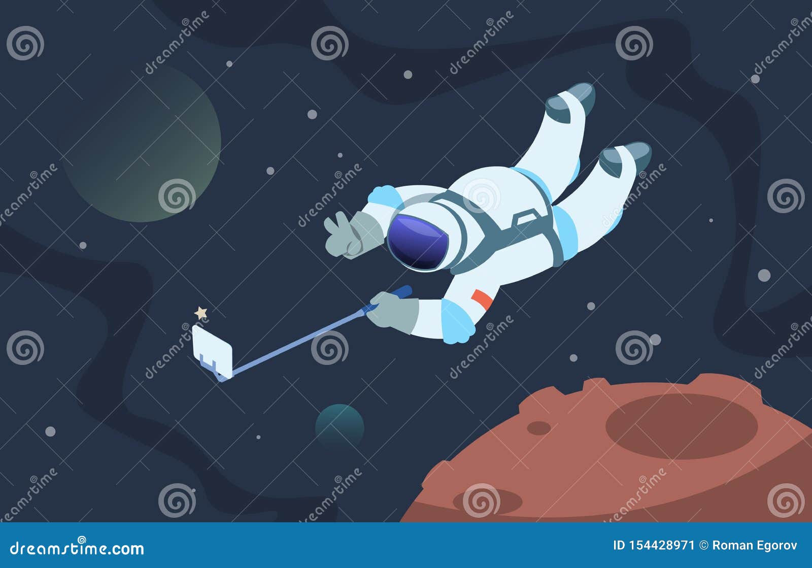 selfie astronaut. fanny cosmonaut taking photos in space on smartphone.  cartoon cute spaceman poster