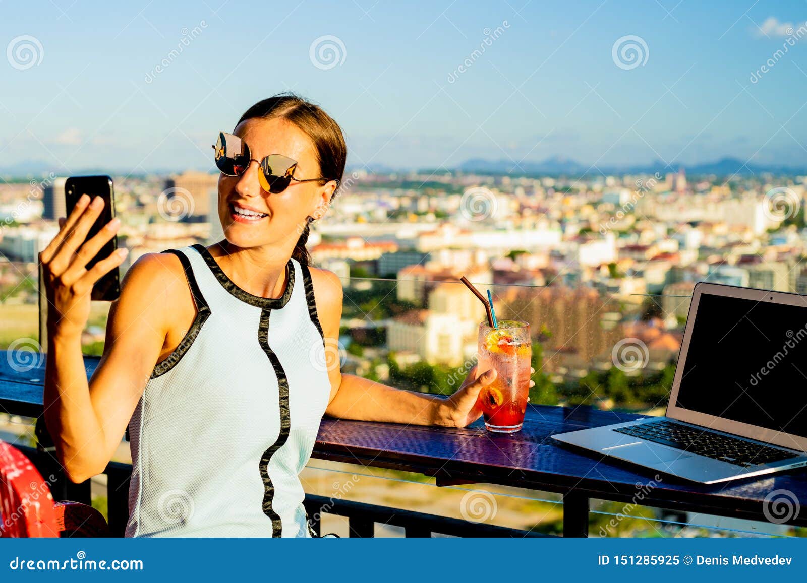 Selfie Attractive Girl in a Cafe on the Roof with Panoramic Views ...