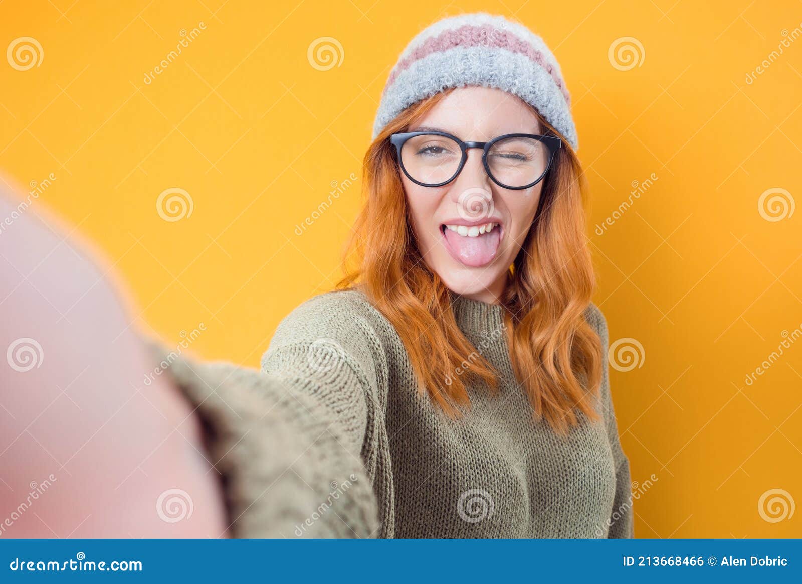 Selfie Close Up Funny Mocked Woman Takes Photo Of Himself With Her Smartphone While Tongue