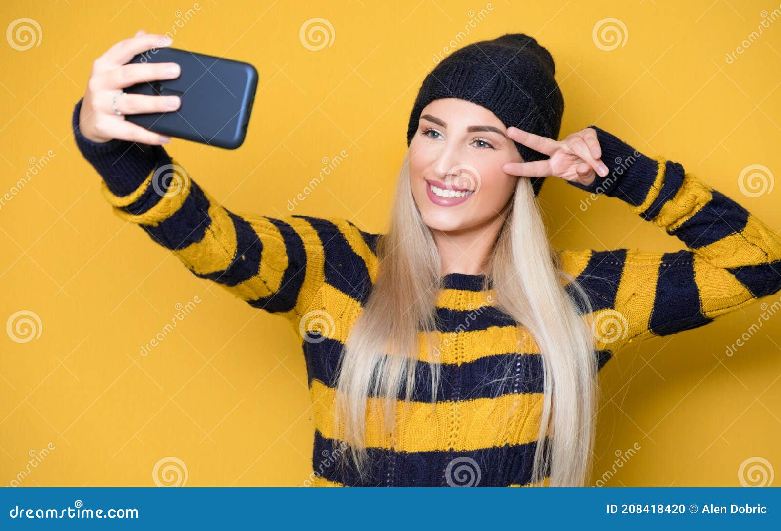 Selfie Close Up Girl Takes Photo Of Himself With Her Smartphone Isolated On White Background